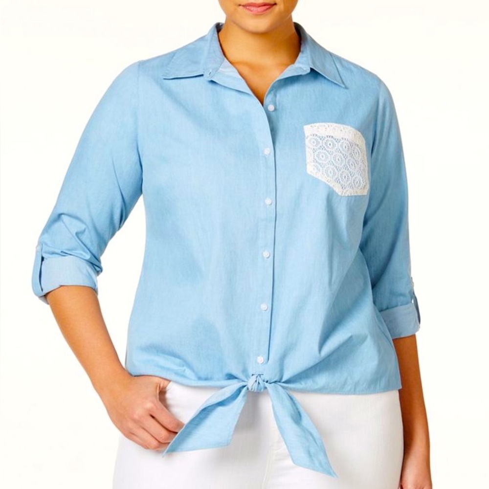 Hannah Blue Chambray Roll-Tab Long Sleeve Button Down Tie Front Lace Pocket